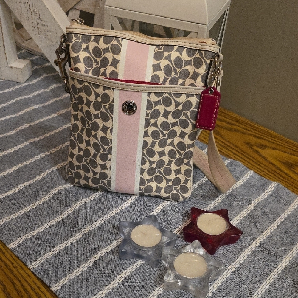 Coach Pink and Tan Crossbody Bag with Signature Style